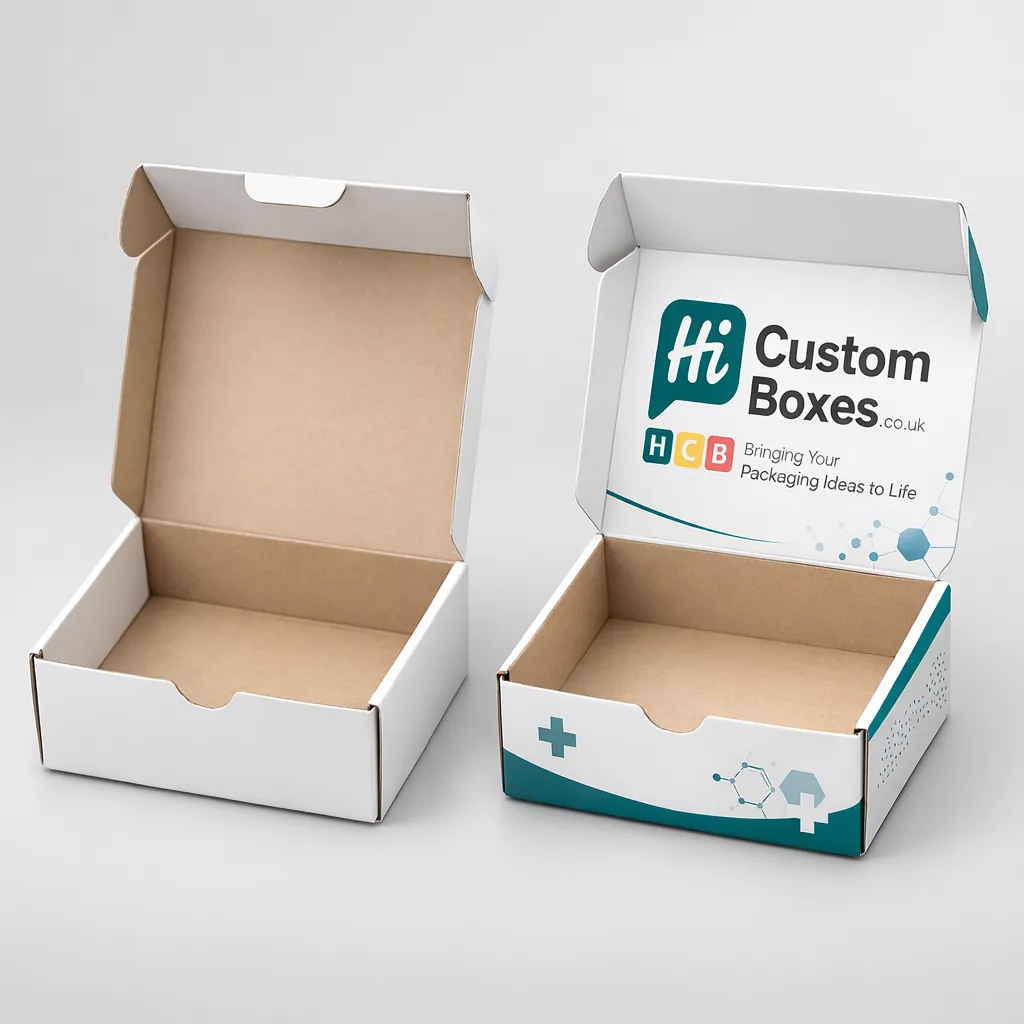 A white cardboard drawer-style box next to a blue branded pharmaceutical outer sleeve. class=